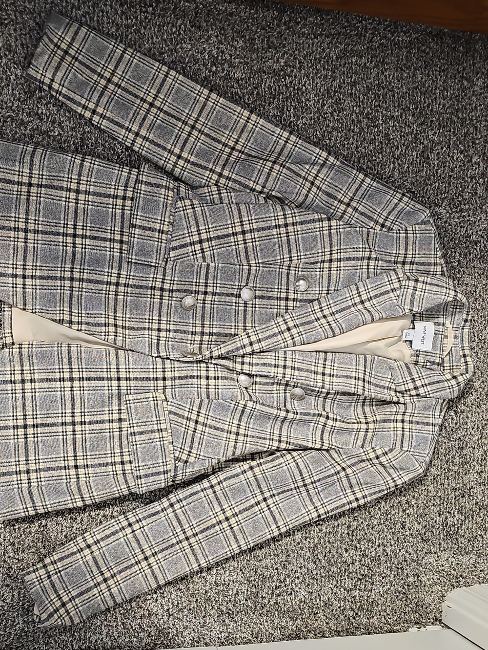 Nine West Double-Breasted Plaid Blazer in Gray and Cream